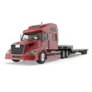 Red truck with flatbed trailer