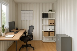 Compact shipping container office with a foldable desk, ergonomic chair, and minimalist shelving, demonstrating efficient use of space.