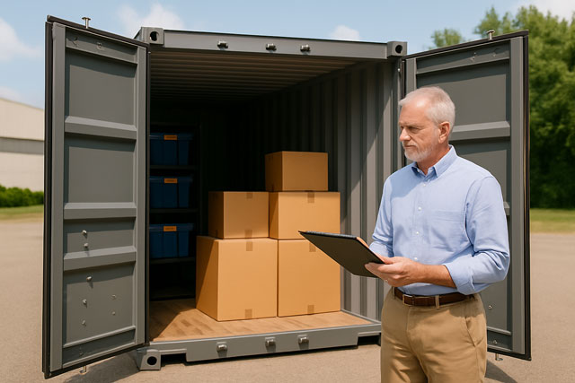 Employee accessing business inventory in a portable storage container rental with both doors open at a commercial facility