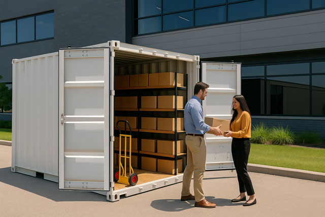 Two employees accessing inventory inside a portable storage container rental unit at a business location.