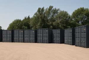 Storage containers in a long row