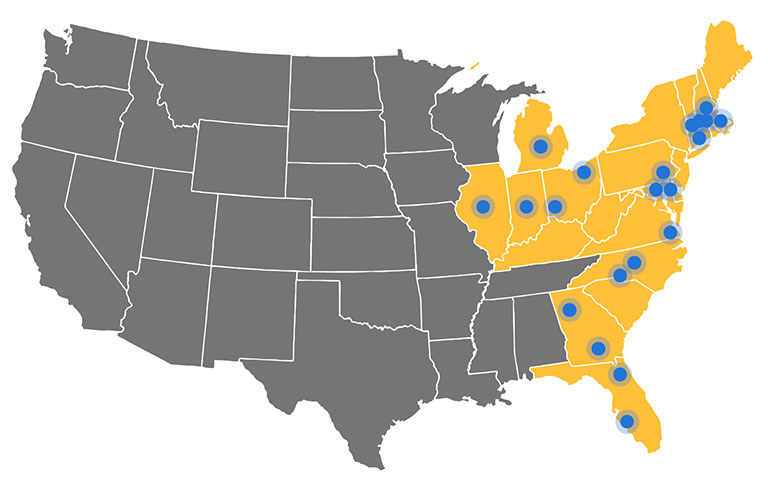 Eagle Leasing service area map covering Northeast to Florida and Illinois.